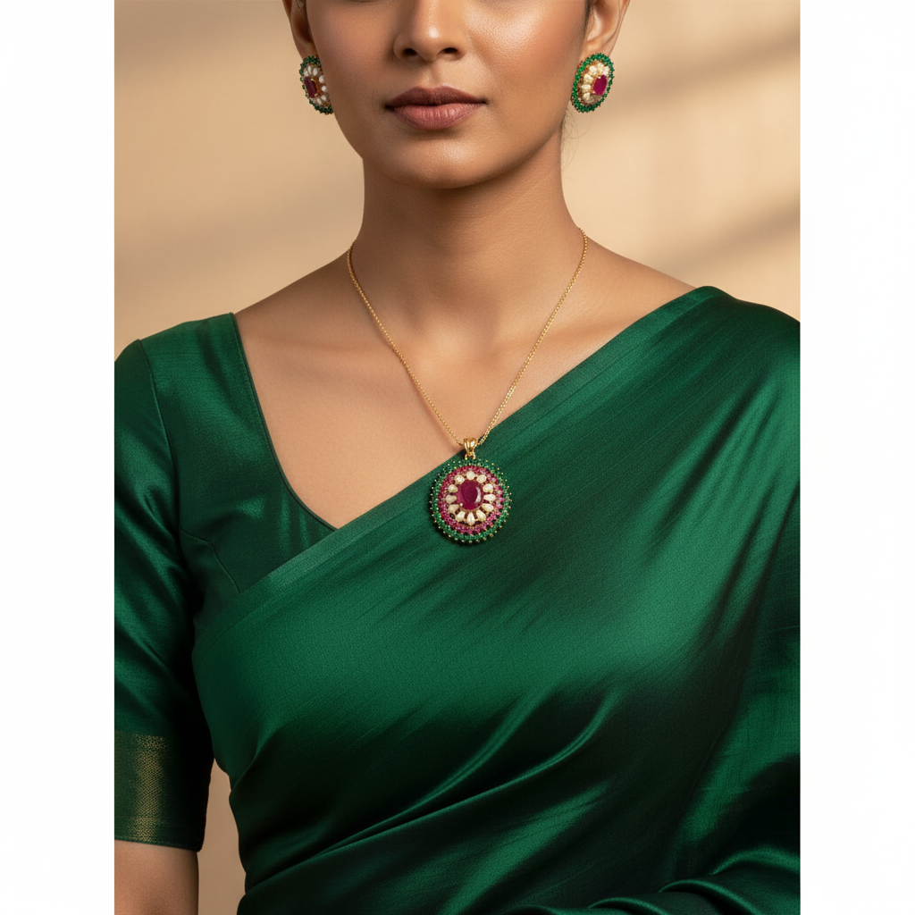 Ruby Emerald Pearl Pendant Set -