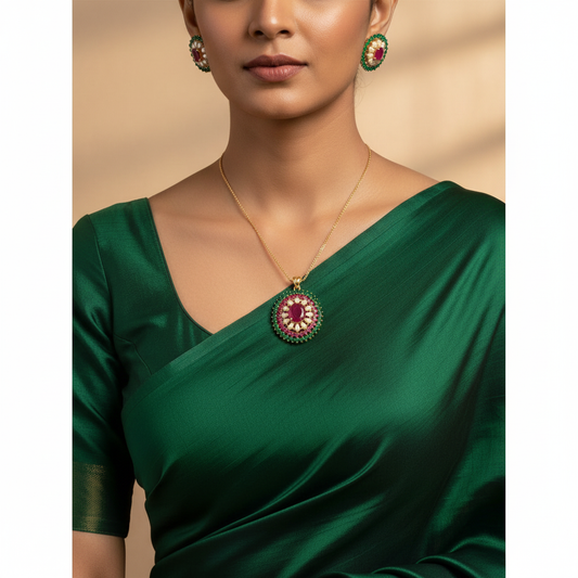 Ruby Emerald Pearl Pendant Set -