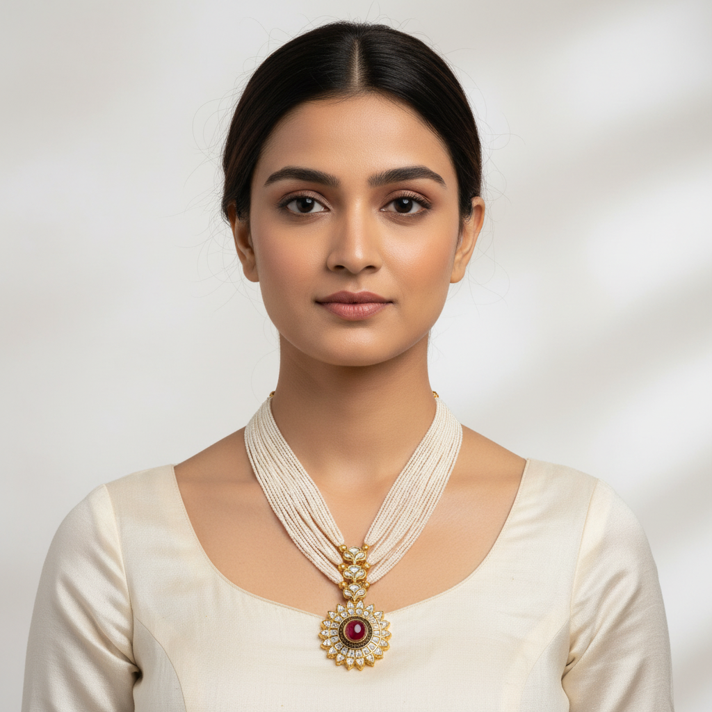 Ruby Kundan necklace with white beads on model