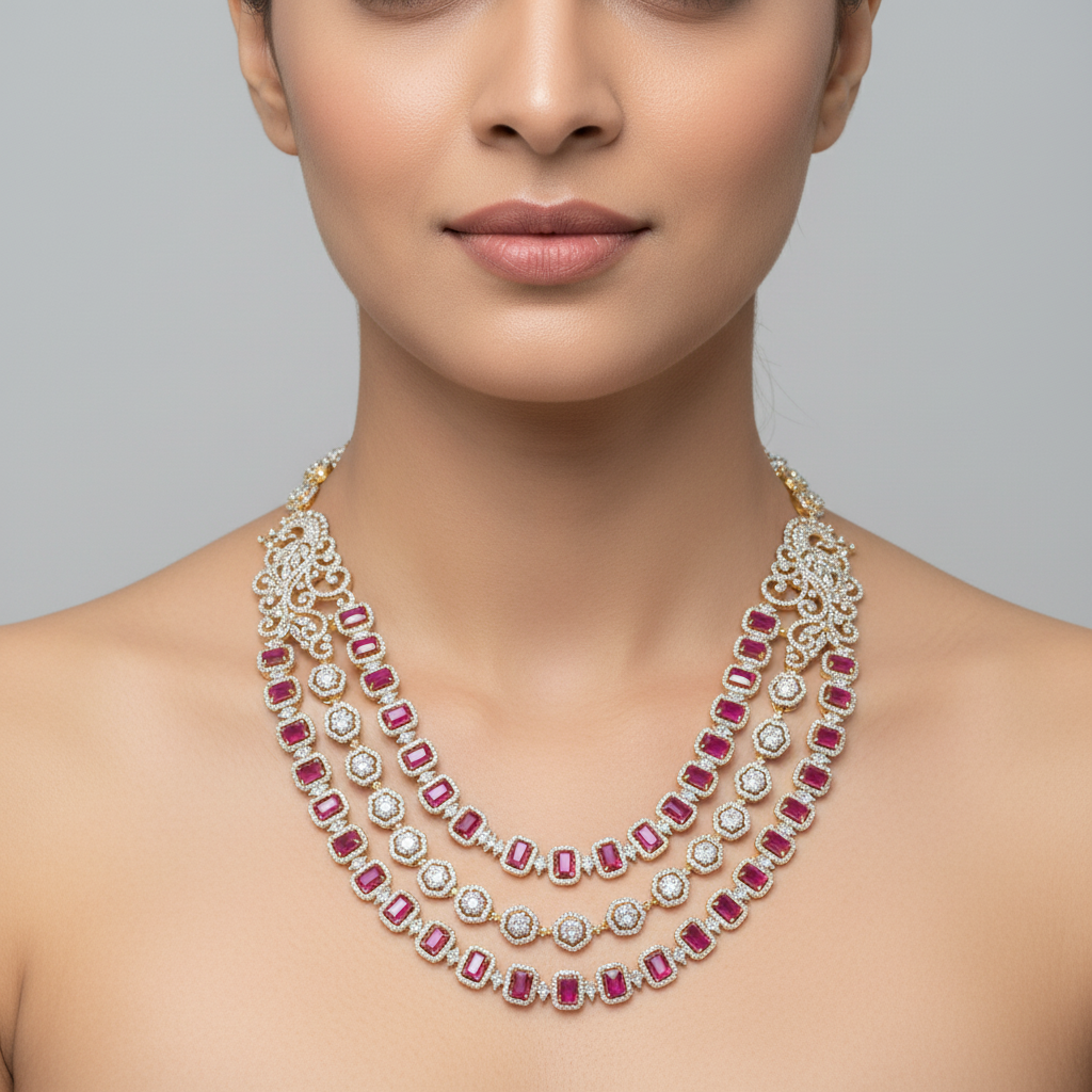 Ruby Multi-Strand Necklace – Model Wearing