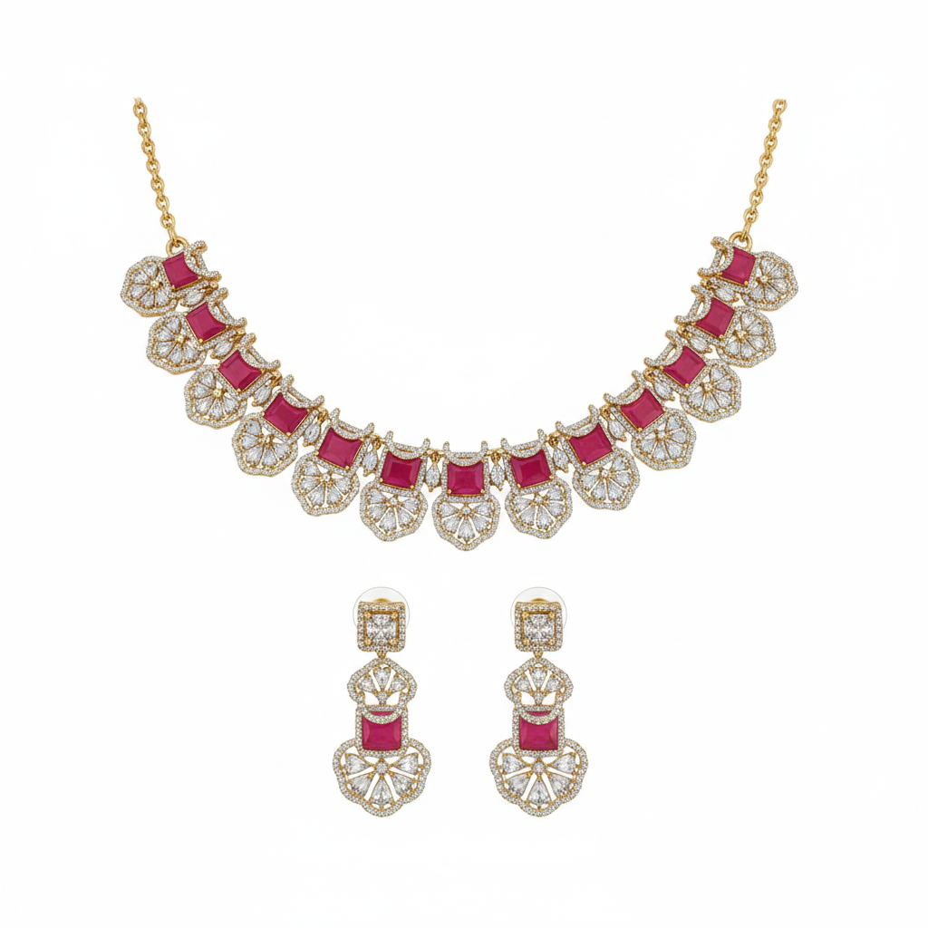 Ruby Pink CZ Necklace Set White Background