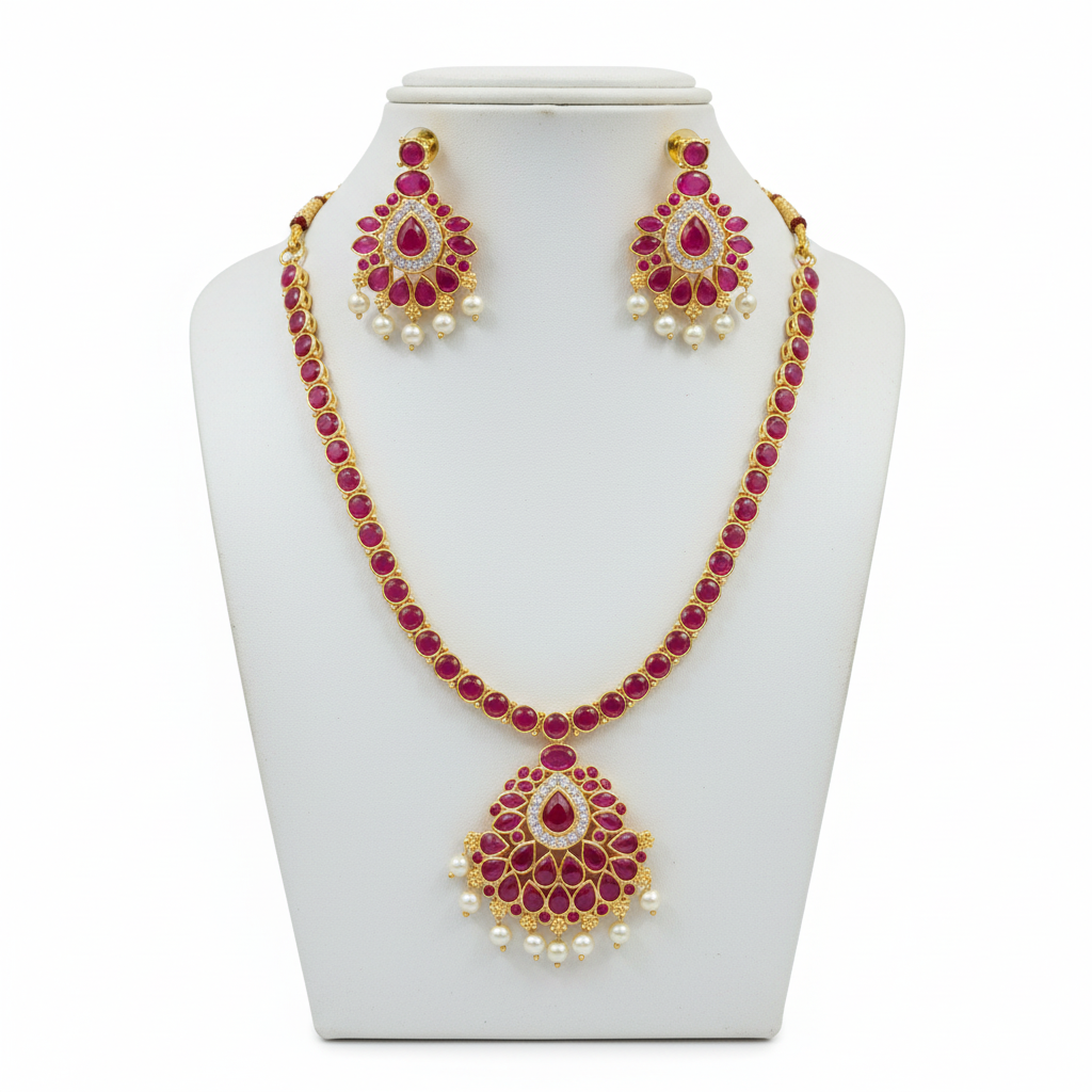 Ruby Pink Necklace Set Bust White Background