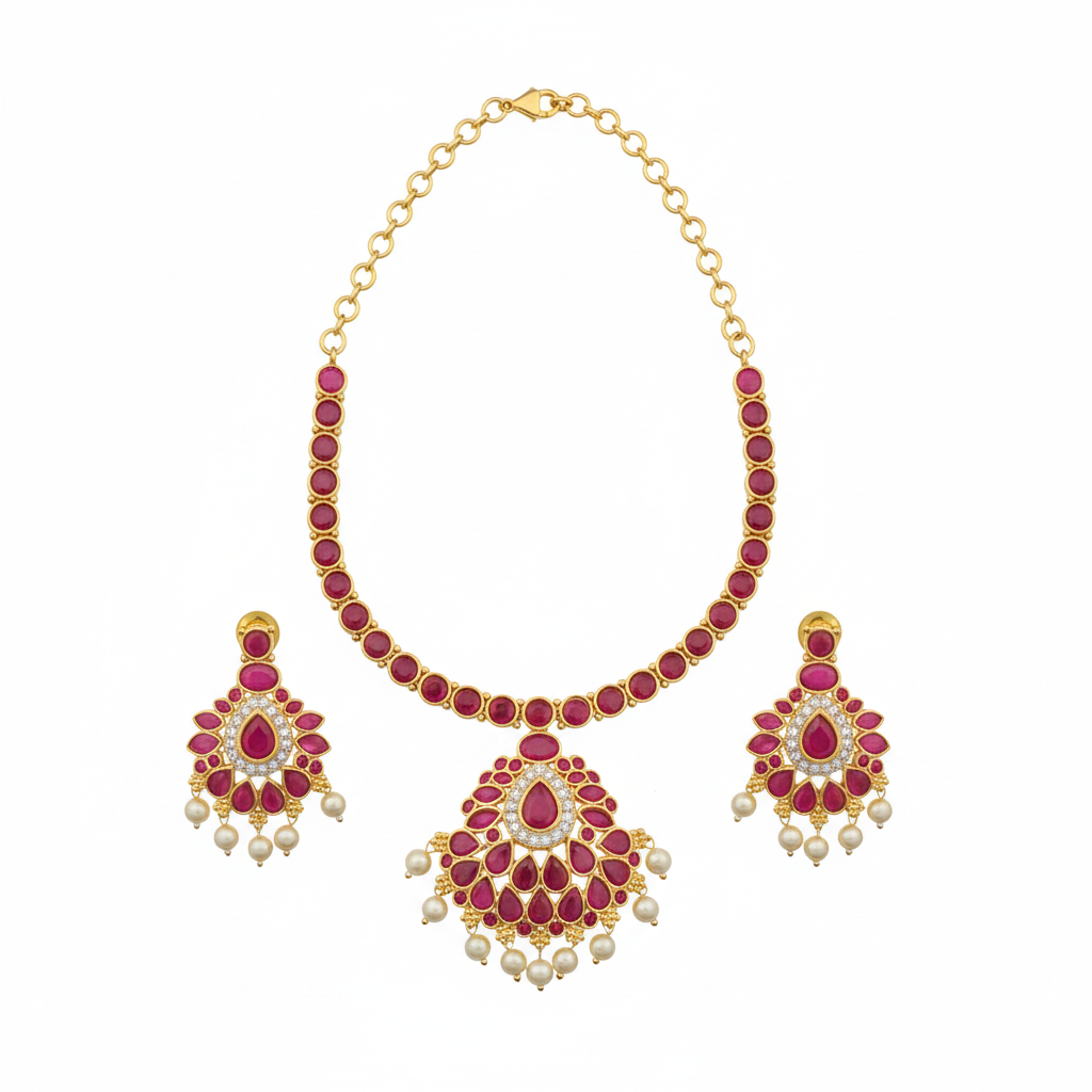 Ruby Pink Necklace Set Flat Lay White Background