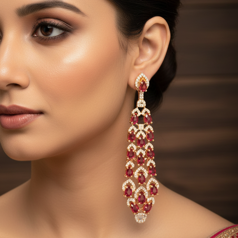 Ruby Red Chandelier Earrings - Model Wear