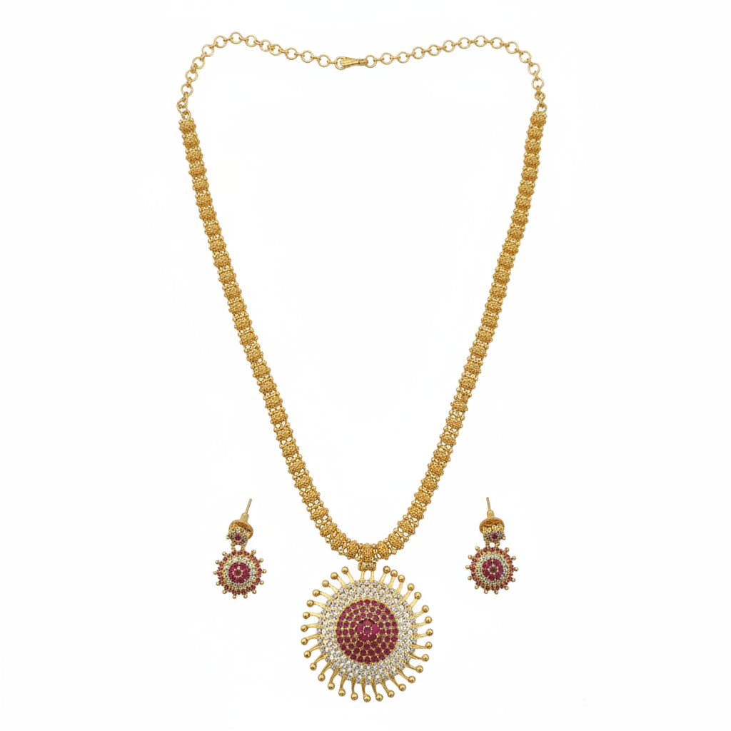 Ruby Sun Pendant Necklace Set - White Background 2