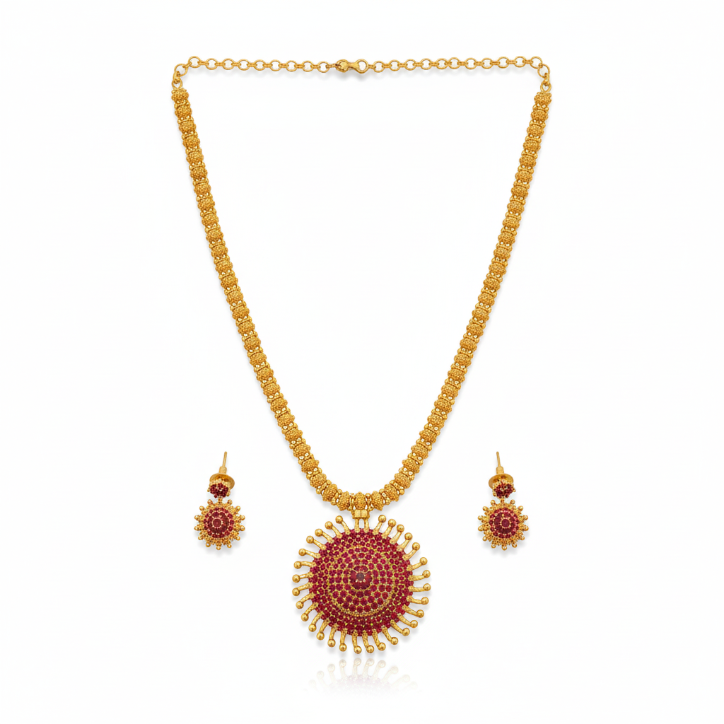 Ruby Sun Pendant Necklace Set - White Background