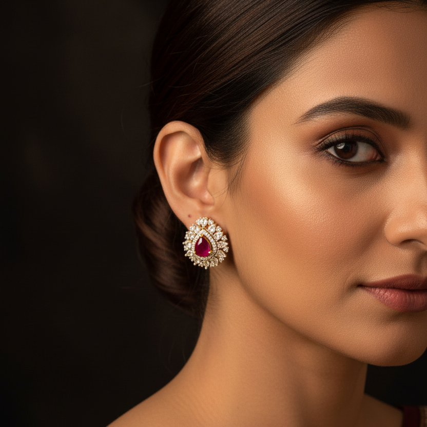 Ruby Teardrop AD Stud Earrings - Model Wear