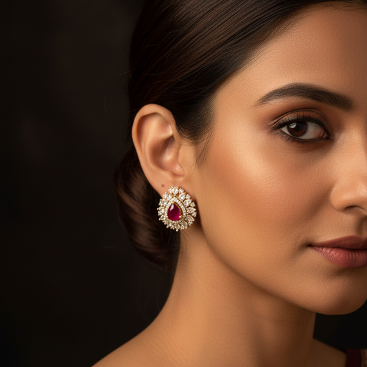 Ruby Teardrop AD Stud Earrings - Model Wear