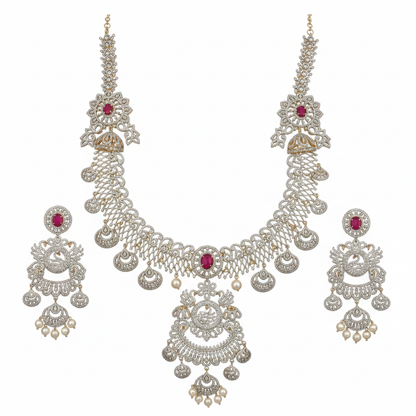 CZ Diamond Long Necklace Set - Ruby - White Background
