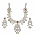 CZ Diamond Long Necklace Set - Ruby - White Background