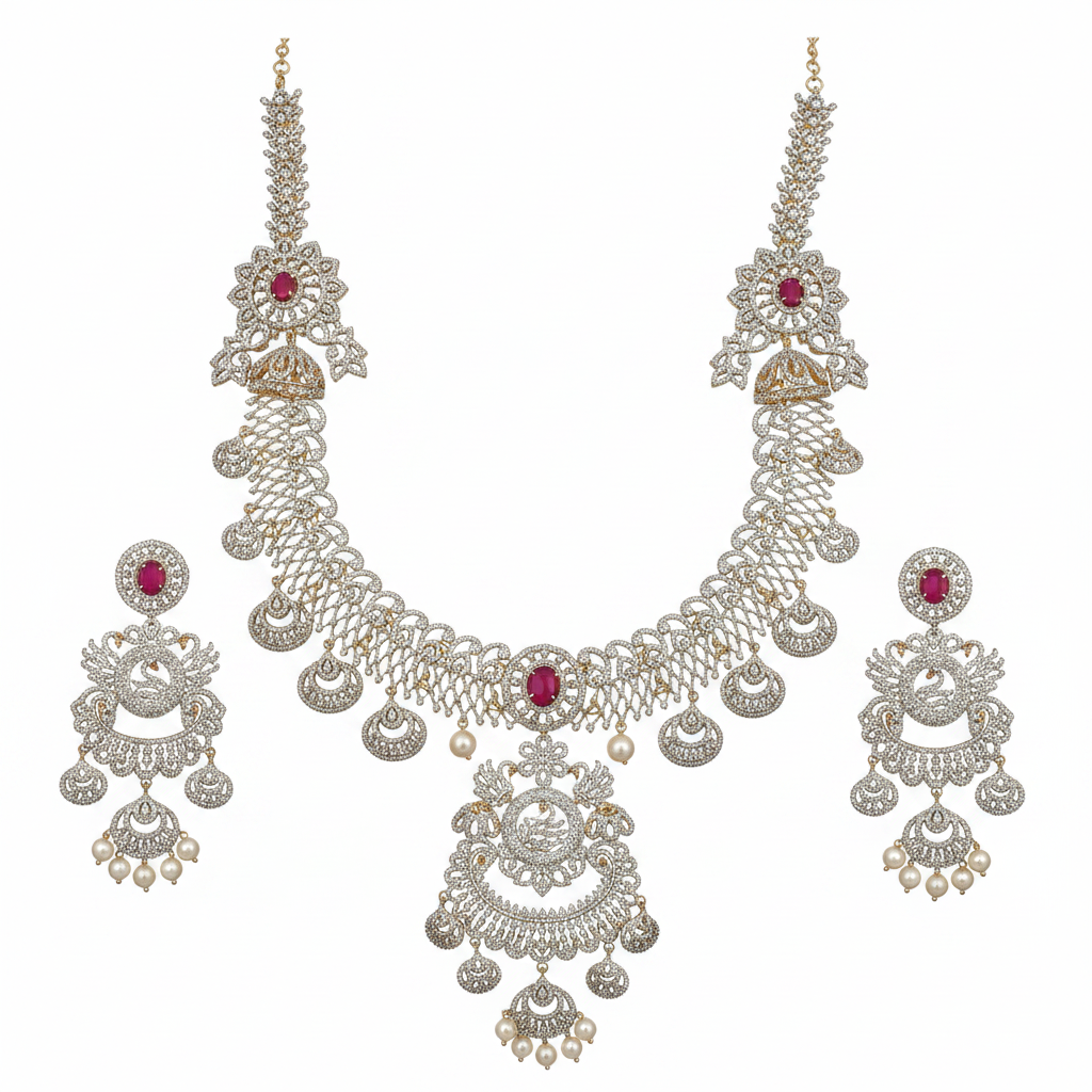 CZ Diamond Long Necklace Set - Ruby - White Background