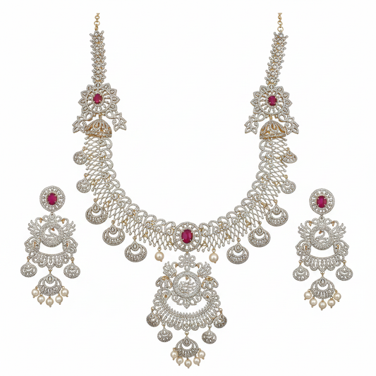 CZ Diamond Long Necklace Set - Ruby - White Background