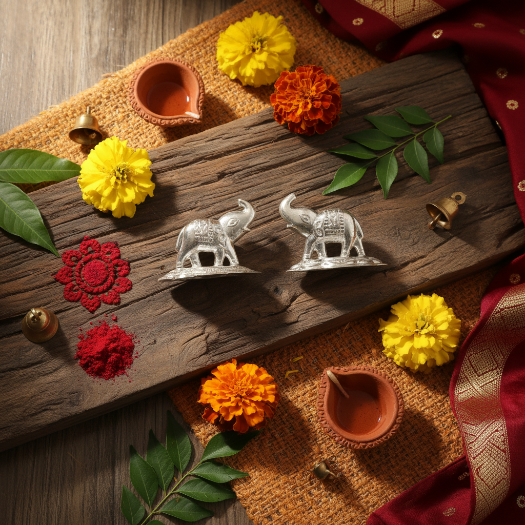 Silver Elephant Pair - Flat Lay Cultural Context