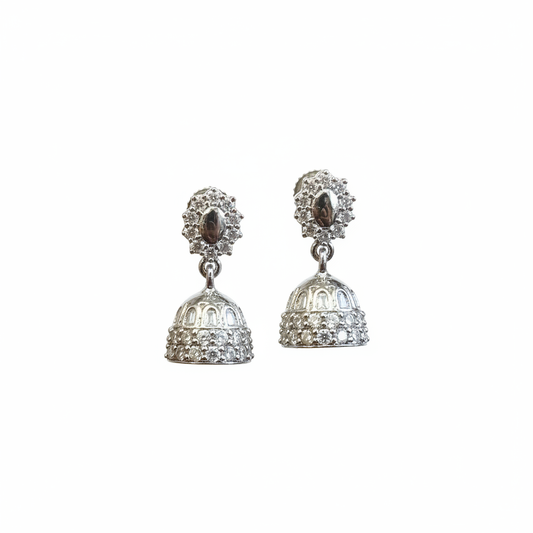 Silver Jhumka with Flower Stud - White Background