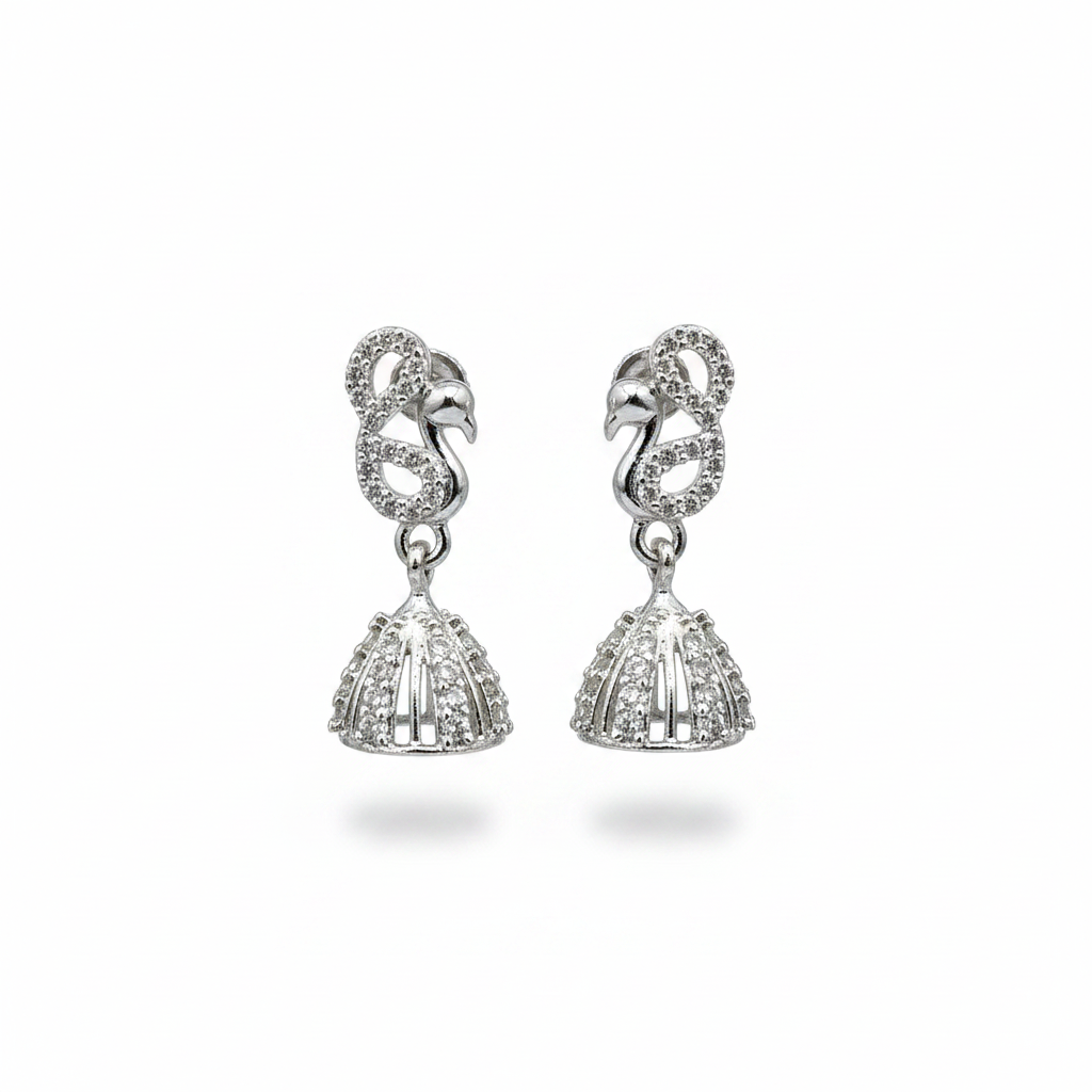 Silver Jhumka with Peacock Stud - White Background