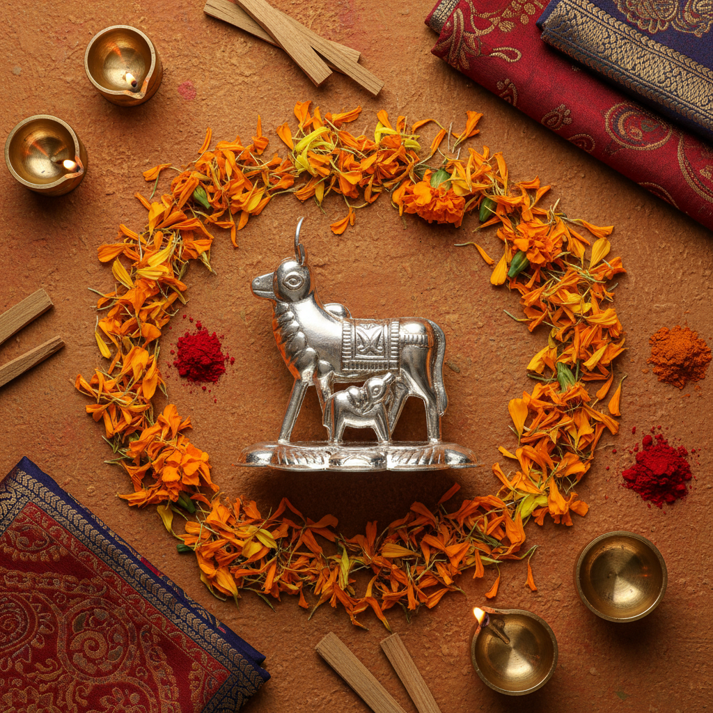 Silver Kamdhenu Cow - Flat Lay Cultural Context