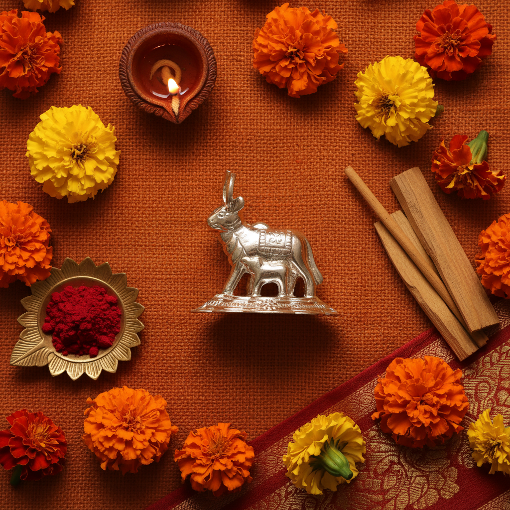 Silver Kamdhenu Cow - Flat Lay Cultural Context