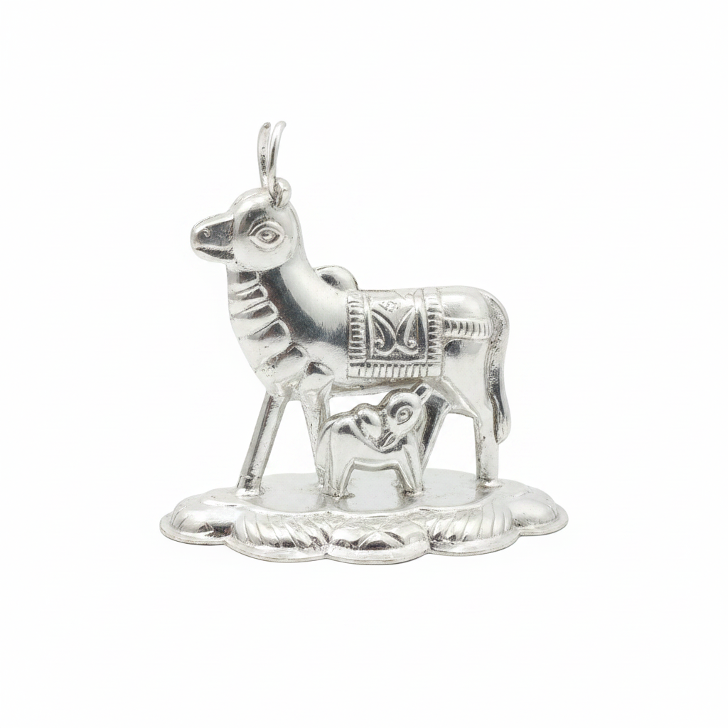 Silver Kamdhenu Cow - White Background