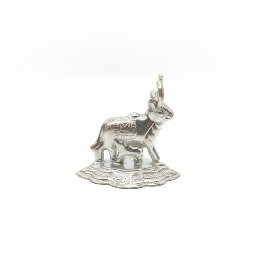 Silver Kamdhenu Cow with Calf Figurine - White Background