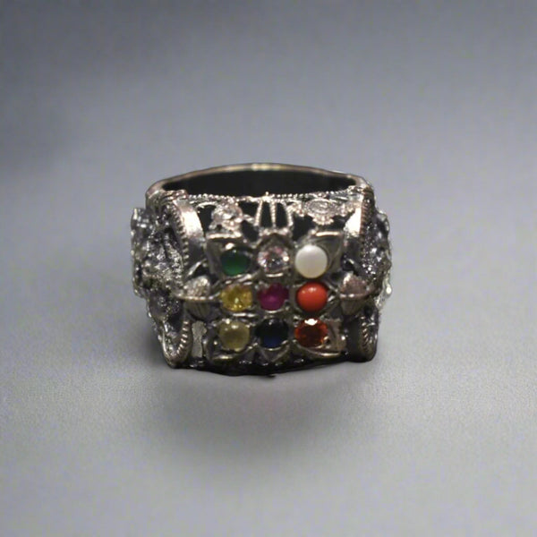 Embrace Elegance: The Exquisite 92.5 Silver Navratna-Embedded Balaji Ring for Men