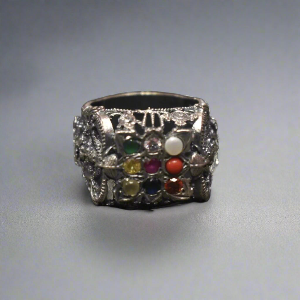 Embrace Elegance: The Exquisite 92.5 Silver Navratna-Embedded Balaji Ring for Men