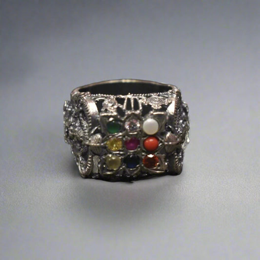 Embrace Elegance: The Exquisite 92.5 Silver Navratna-Embedded Balaji Ring for Men