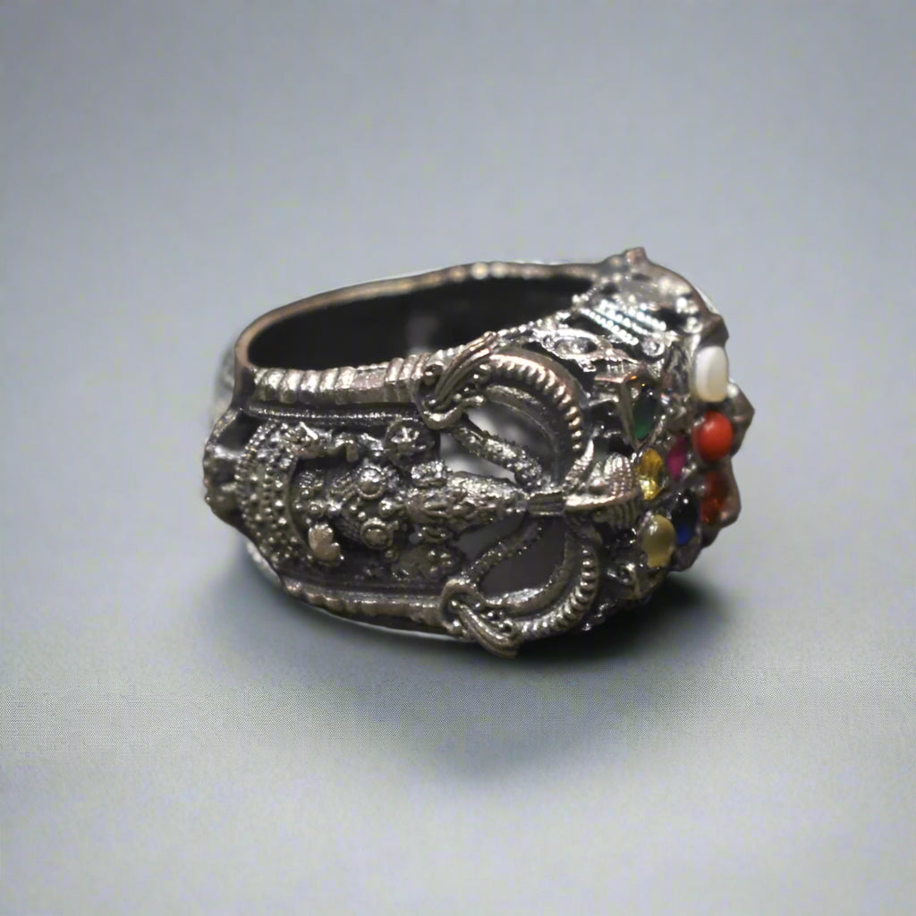 Embrace Elegance: The Exquisite 92.5 Silver Navratna-Embedded Balaji Ring for Men