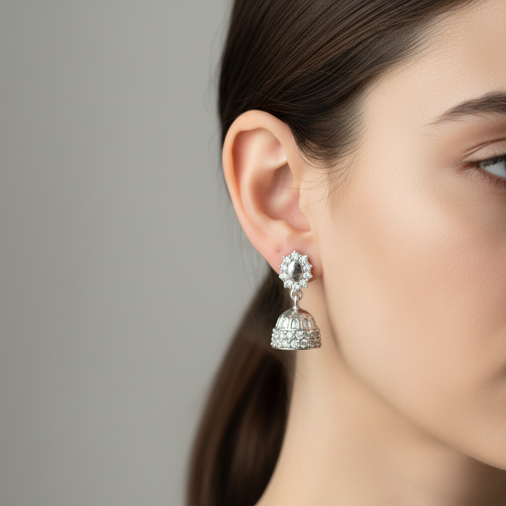 Small Delicate Silver CZ Flower Stud Jhumka Earrings Lifestyle