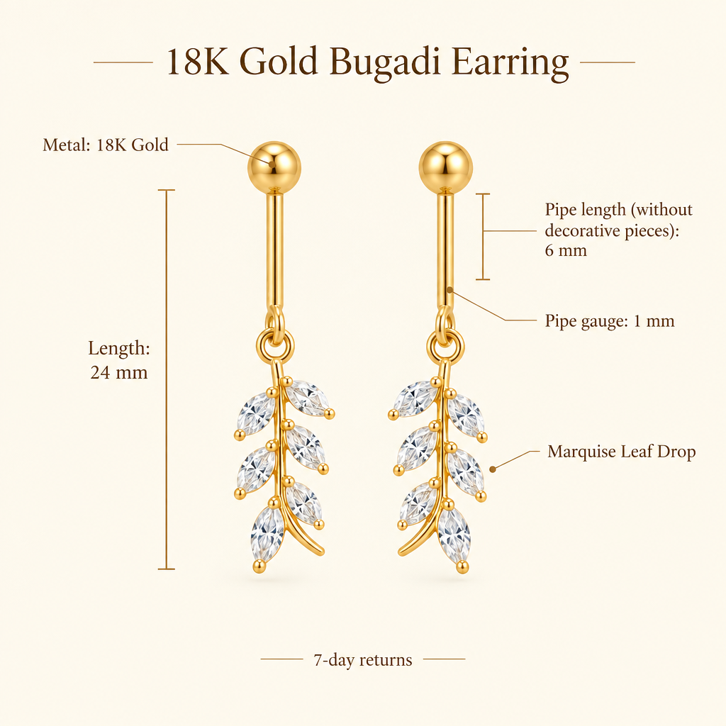 Specification graphic for 18K Gold Bugadi Earrings