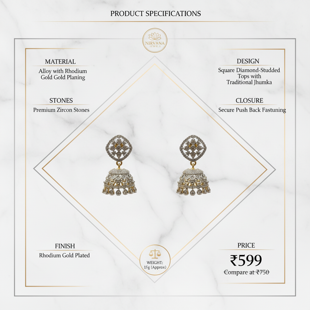 Specification image for diamond-look jhumka earrings