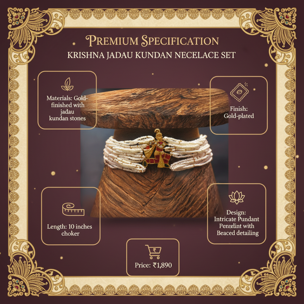 Specification infographic for Krishna Jadau Kundan Necklace