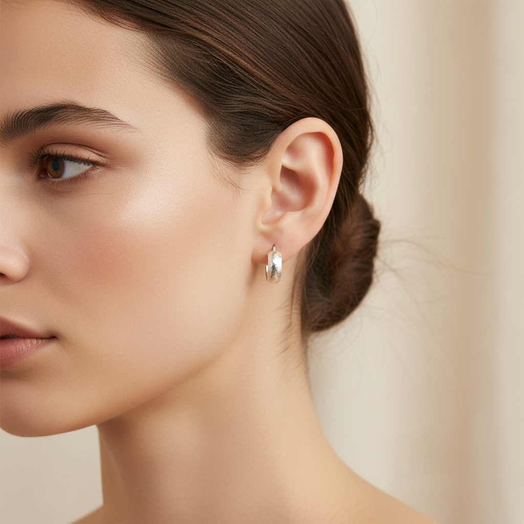 Sterling silver hoop earrings on woman's ear