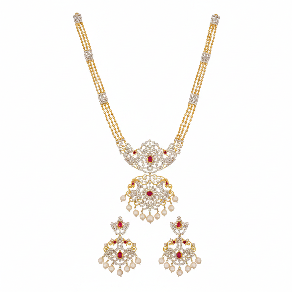 Tarini Peacock Necklace Set - White Background