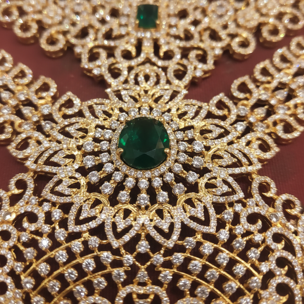 Temple Jewelry Detail Close-Up - Green Gemstone Craftsmanship