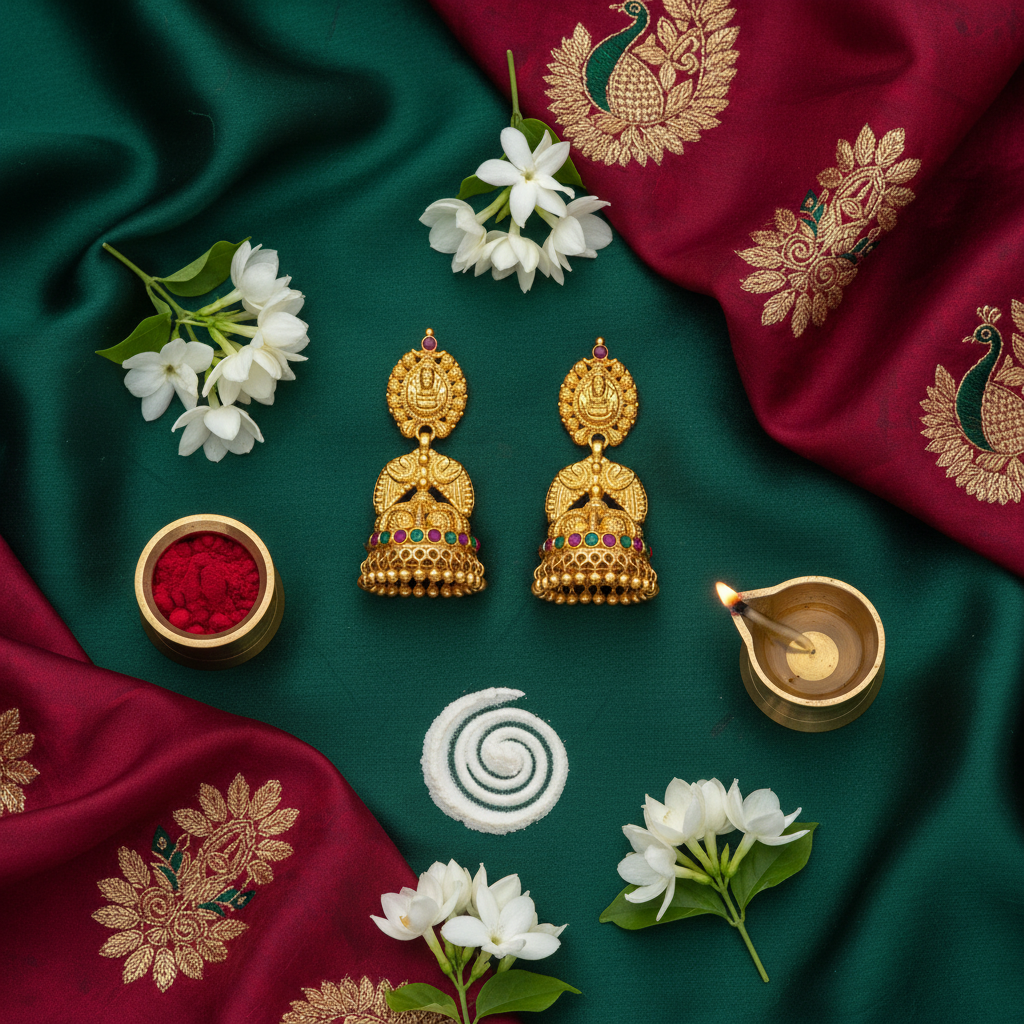 Temple Jewelry Earrings Flat Lay Cultural Context