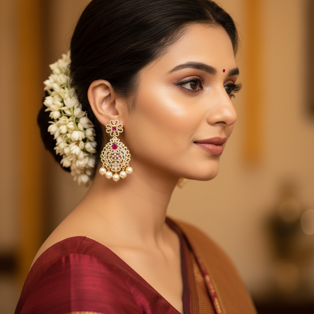 Temple Jewelry Earrings on Model - Ruby Gemstone