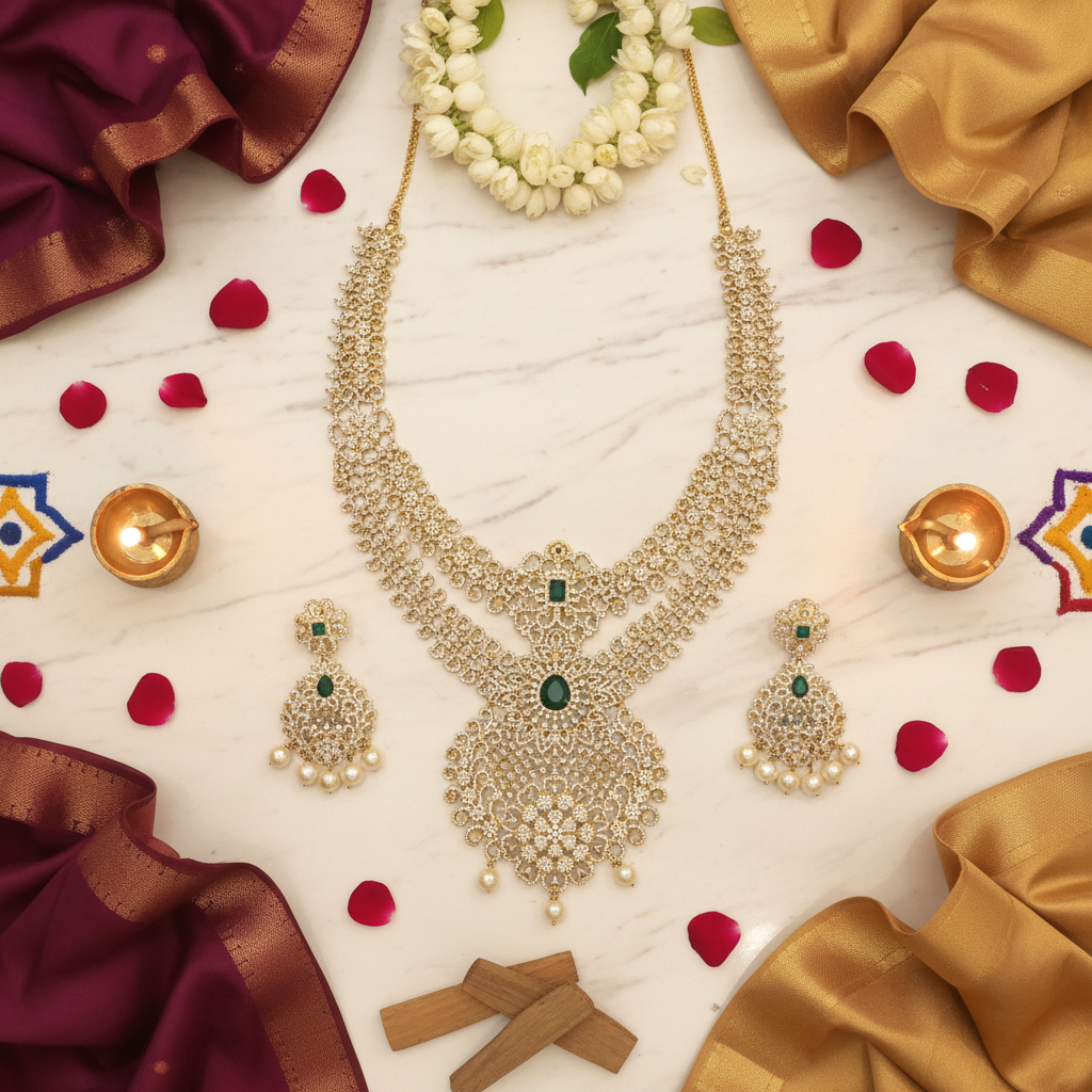 Temple Jewelry Flat Lay - Green Gemstone with Cultural Elements