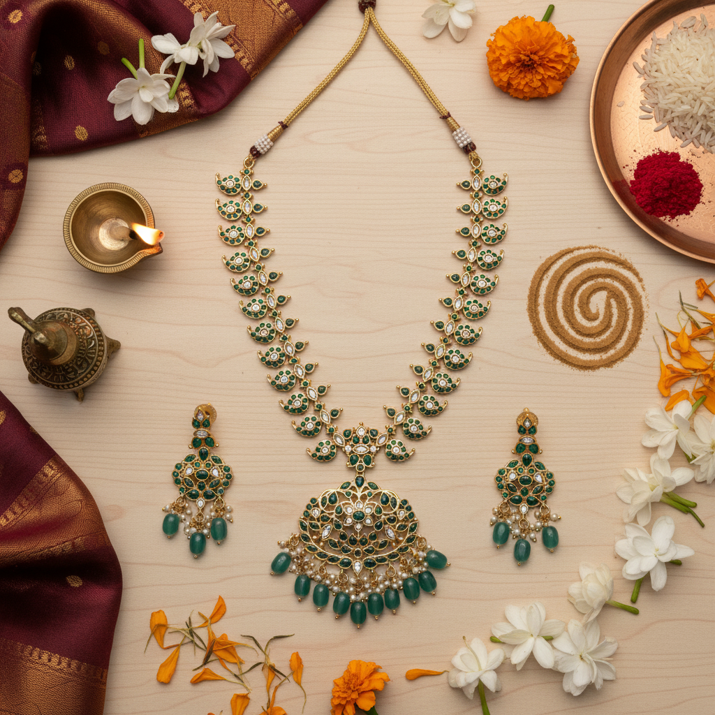 Temple jewelry flat lay with cultural elements
