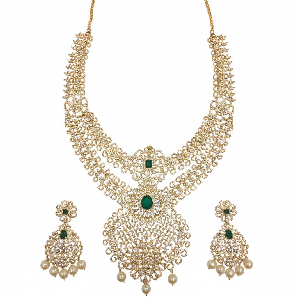 Temple Jewelry Necklace Set - Green Gemstone White Background