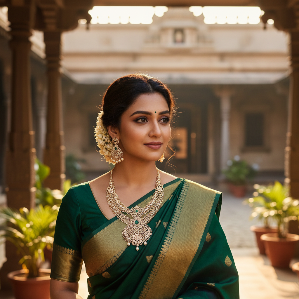 Temple Jewelry Necklace Set Lifestyle - Green Gemstone