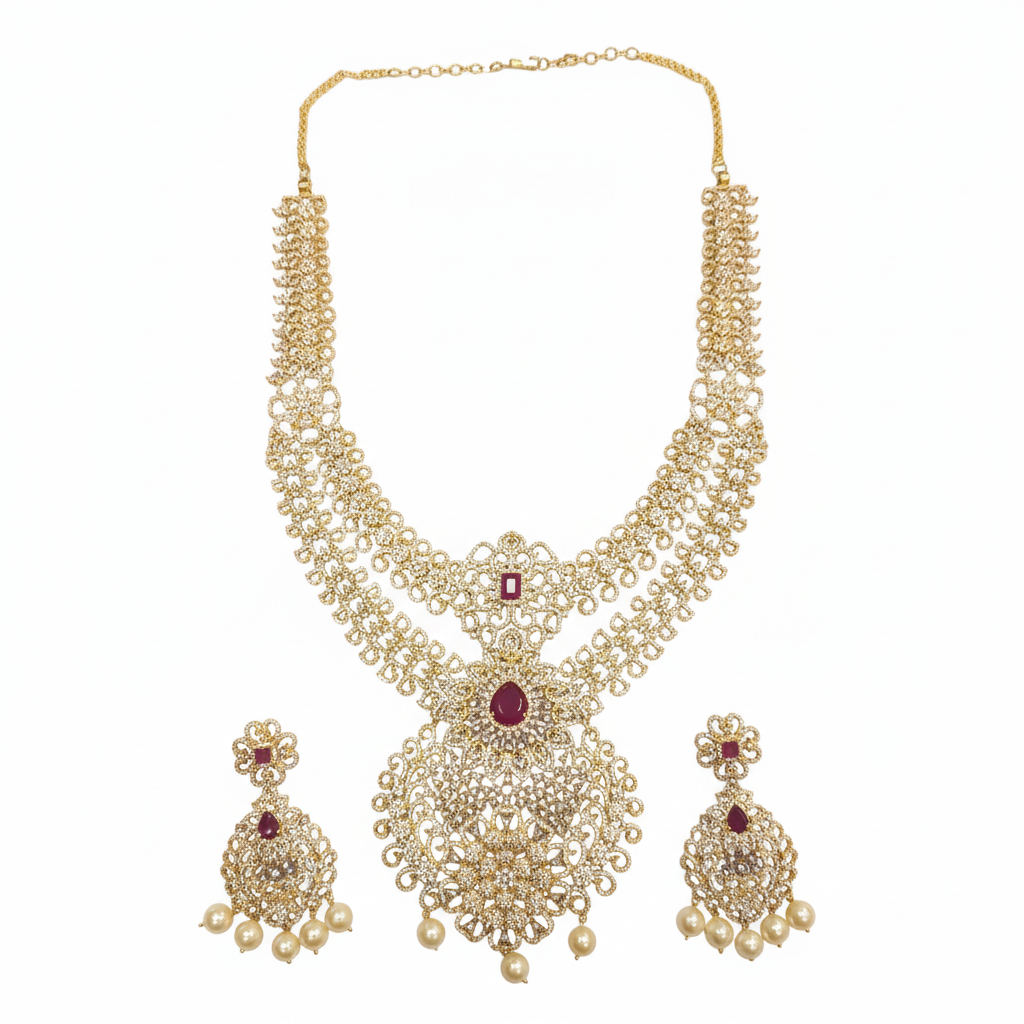 Temple Jewelry Necklace Set - Ruby Gemstone White Background