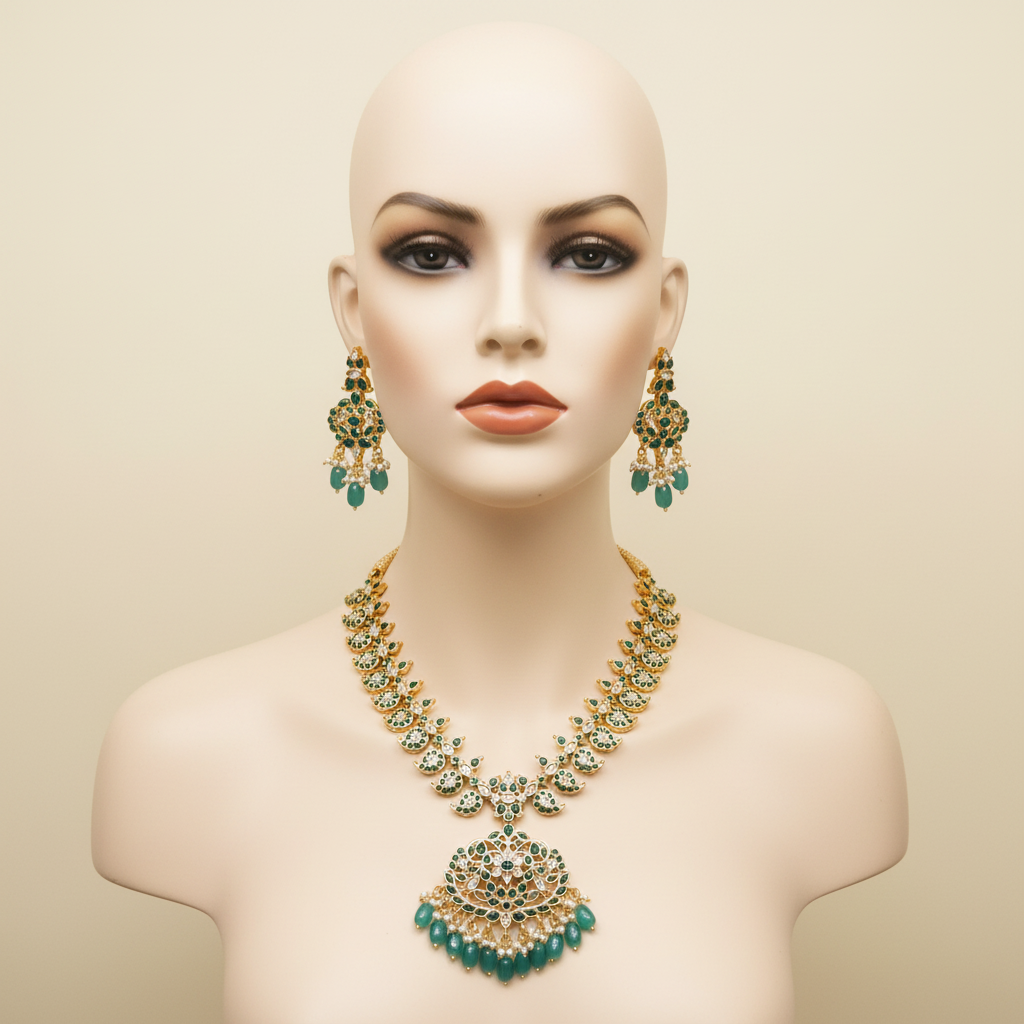 Green Kundan Mango Necklace Set with Earrings - Temple Jewelry