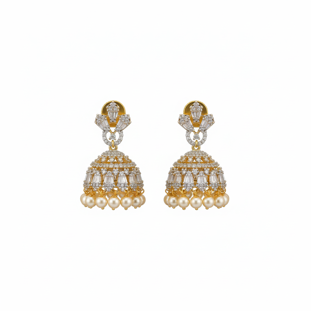 Temple Jhumka Earrings with Pearls - White Background