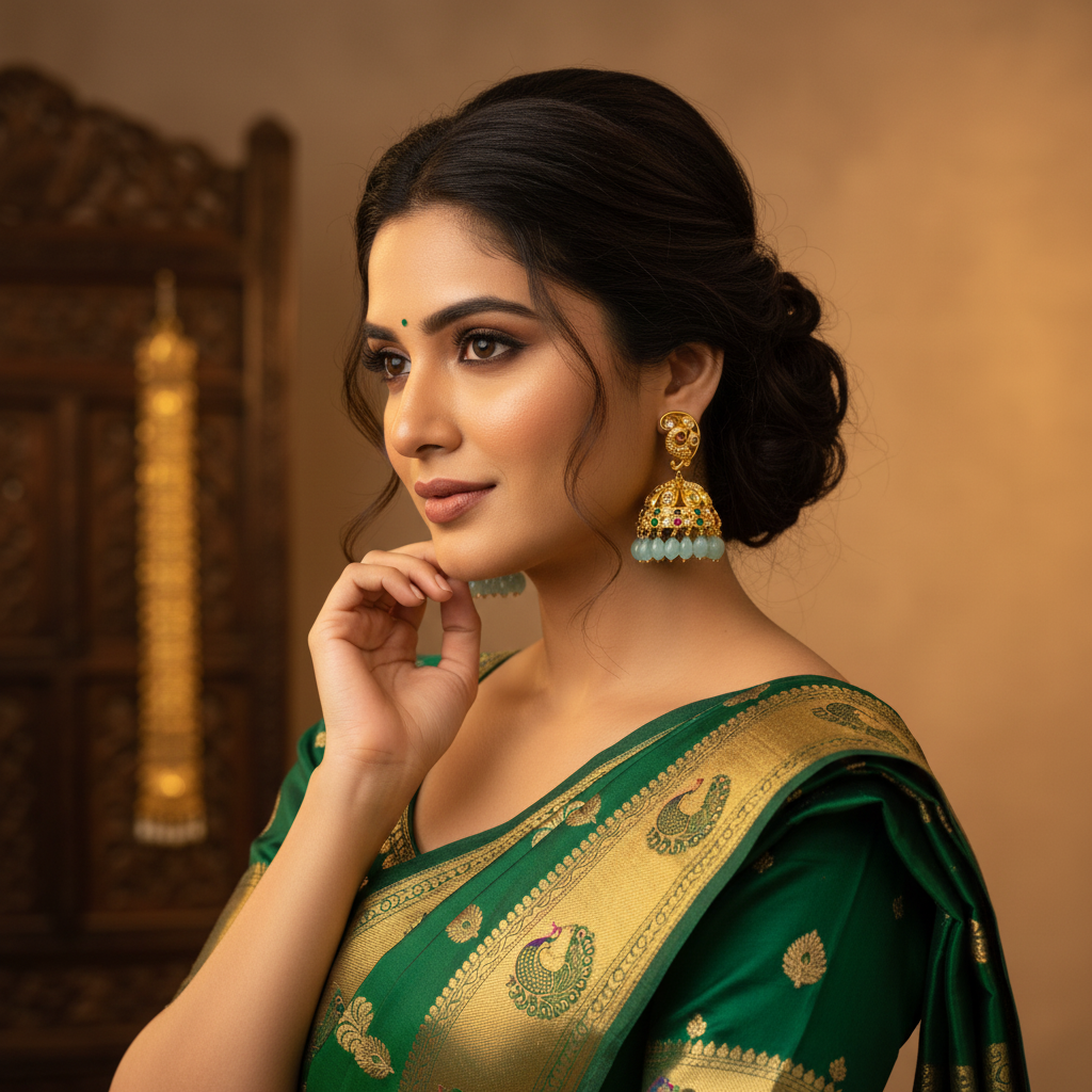 Temple Jhumka with Aqua Beads – Lifestyle Model