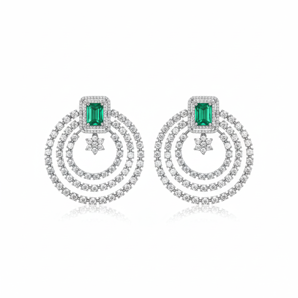Triple Hoop CZ Earrings - Green - White Background