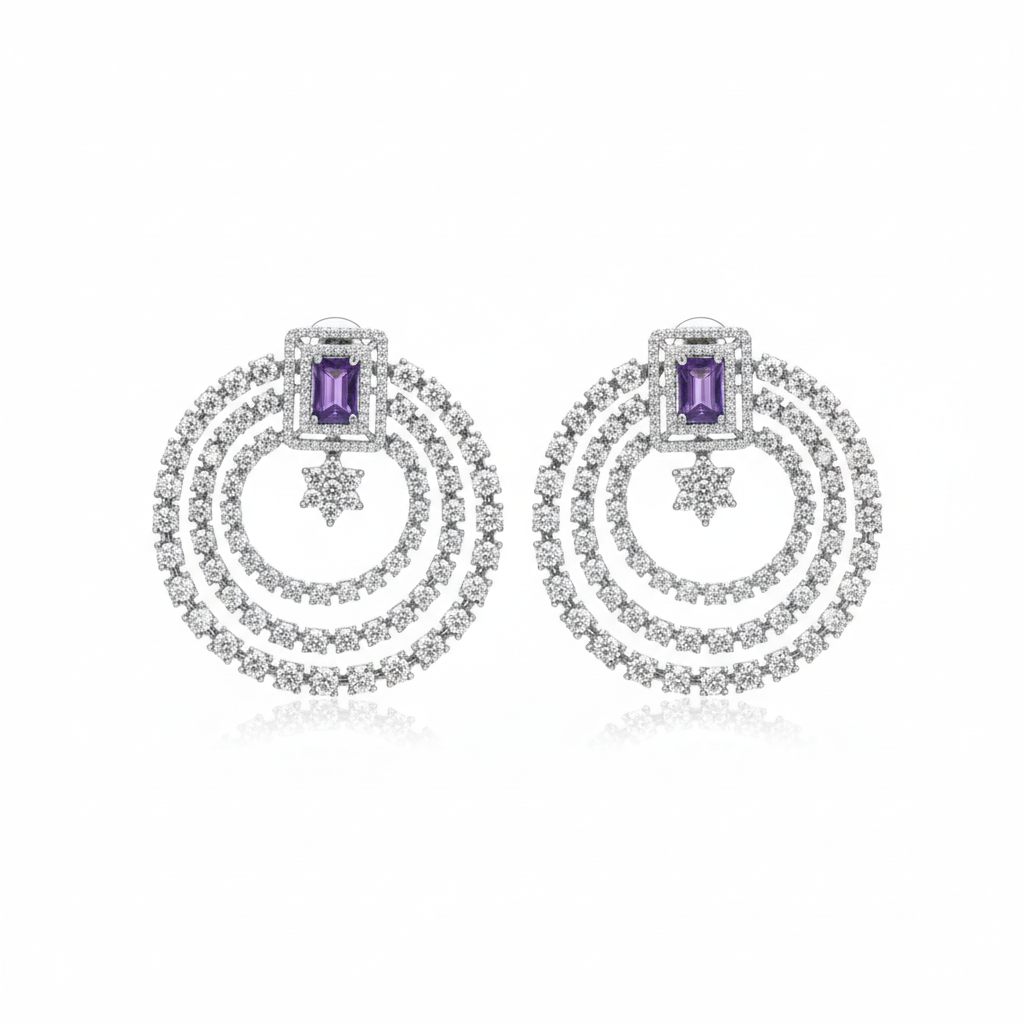 Triple Hoop CZ Earrings - Purple - 