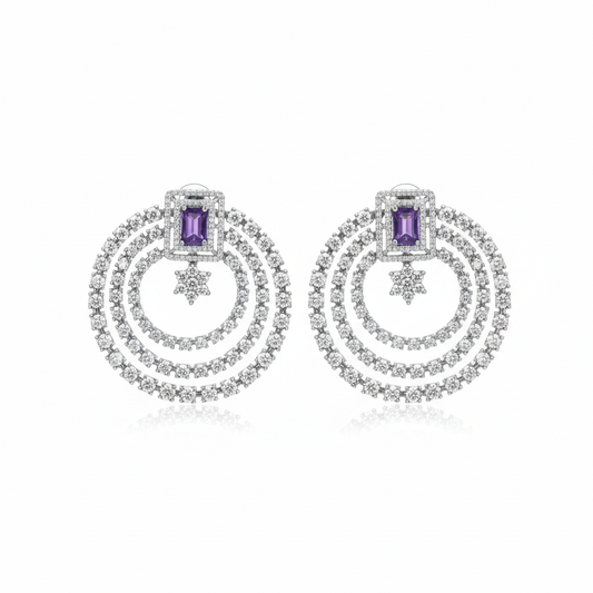 Triple Hoop CZ Earrings - Purple - 