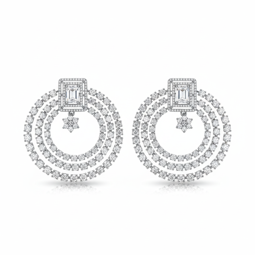 Triple Hoop CZ Earrings - White - White Background
