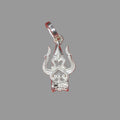 A silver pendant featuring the Trishul symbol on a red background.