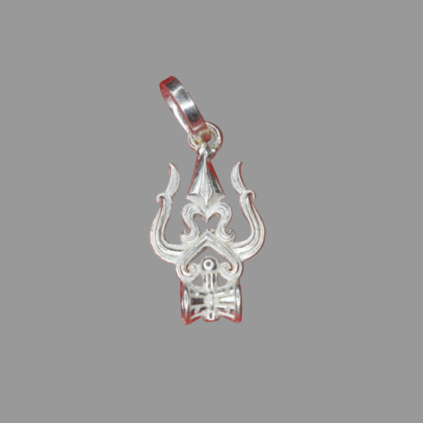 A silver pendant featuring the Trishul symbol on a red background.
